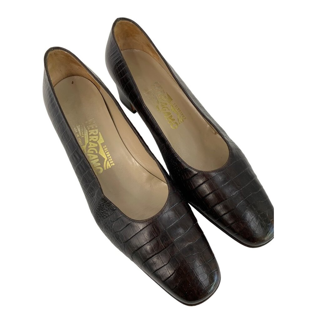 VTG 8.5B Ferragamo Croc Embossed Brown Leather Pumps 7891 Chunky Heel Career